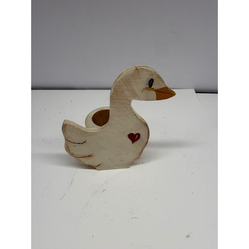 Vintage Rustic Wooden Goose Figurine with Heart and Small Pot Country Decor